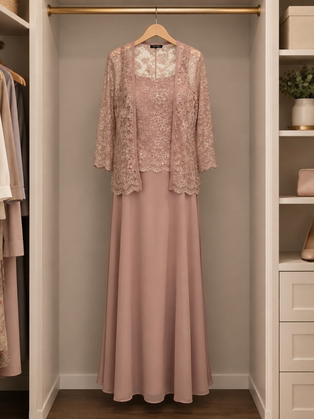 Source Unknown Dusty Rose Lace Jacket Evening Gown
